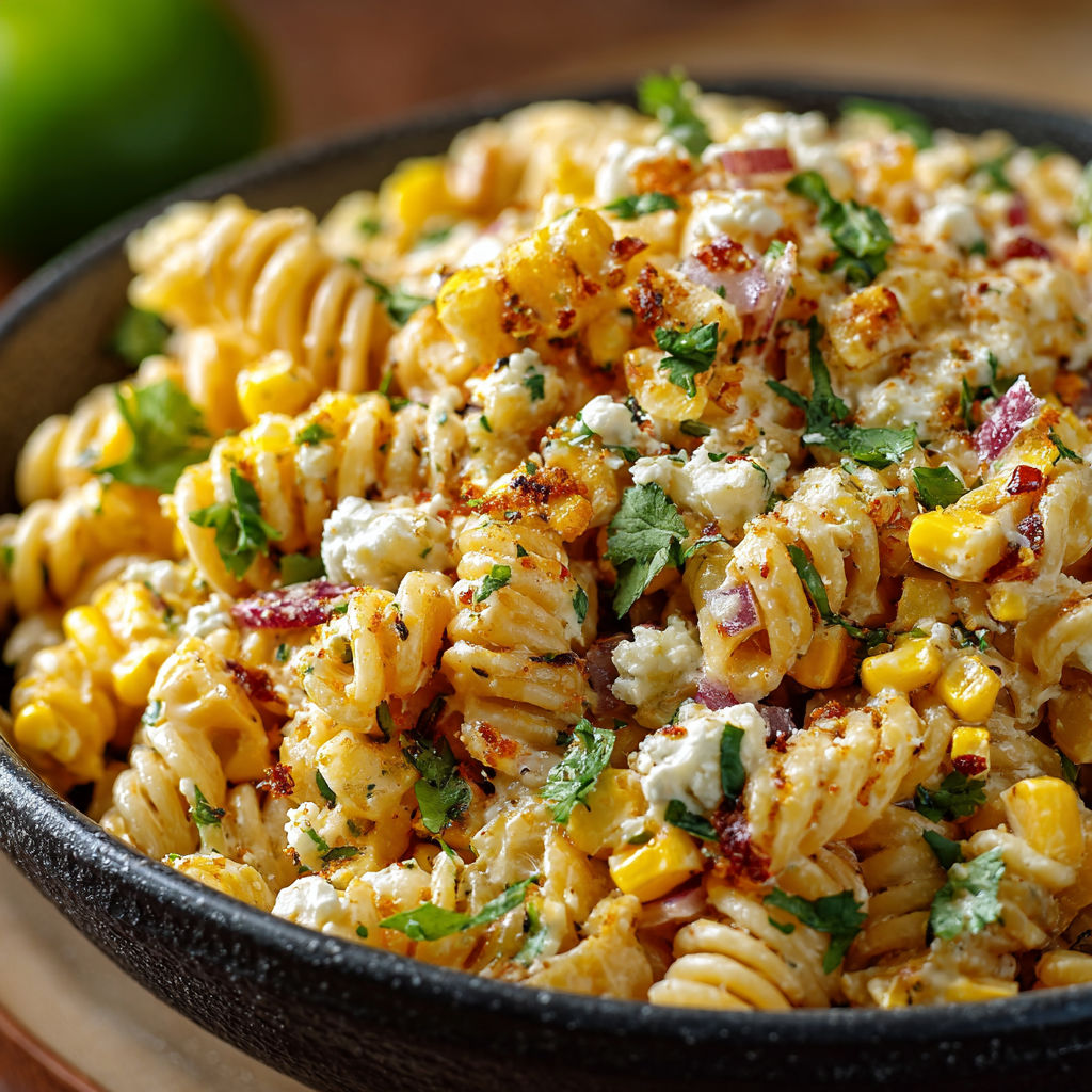 A bowl of pasta salad with corn and cheese.