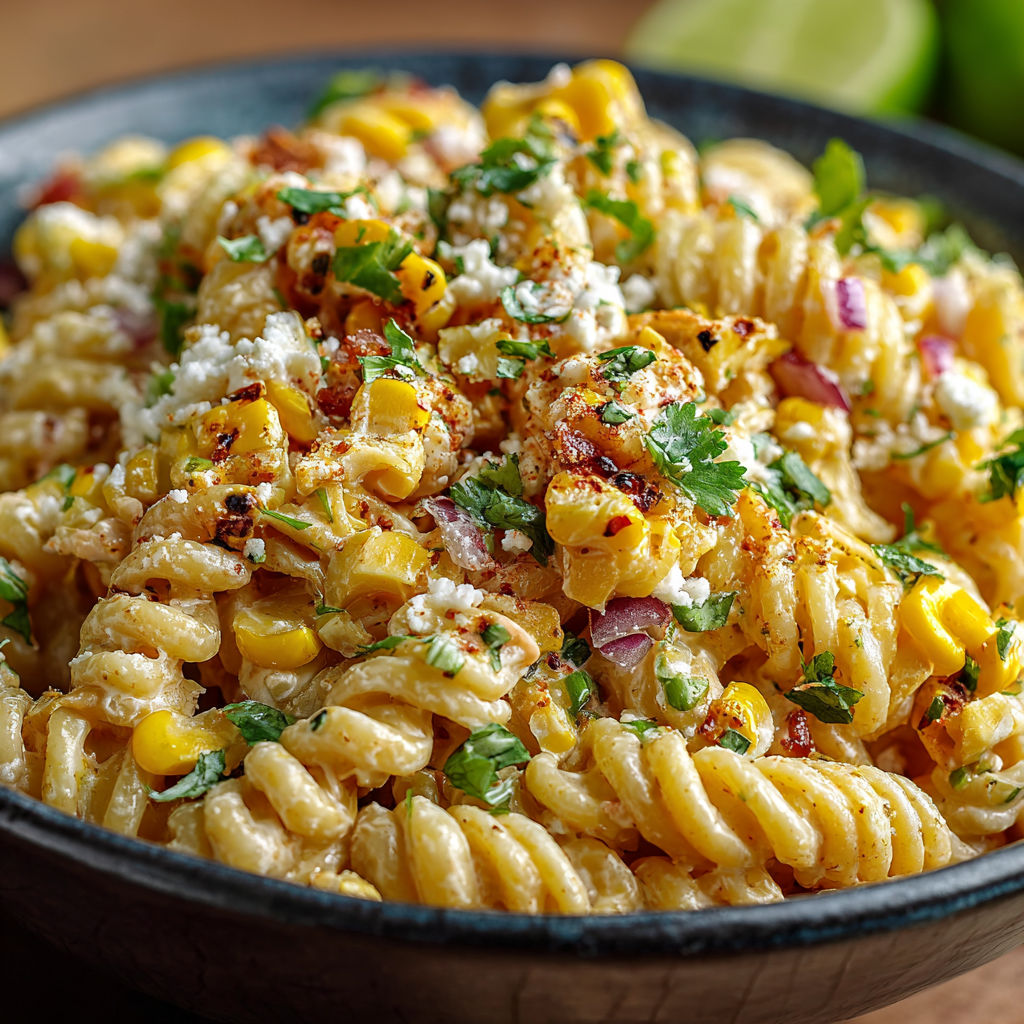 A bowl of pasta with corn and cheese.