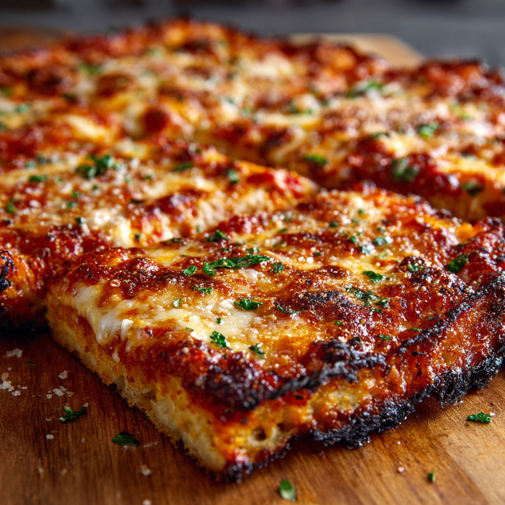 A pizza with cheese and herbs on top.