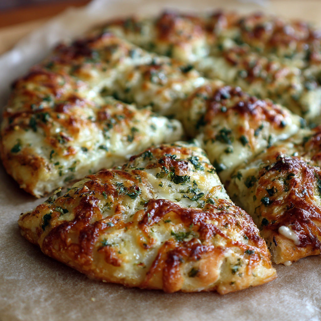 A pizza with cheese and herbs on top.
