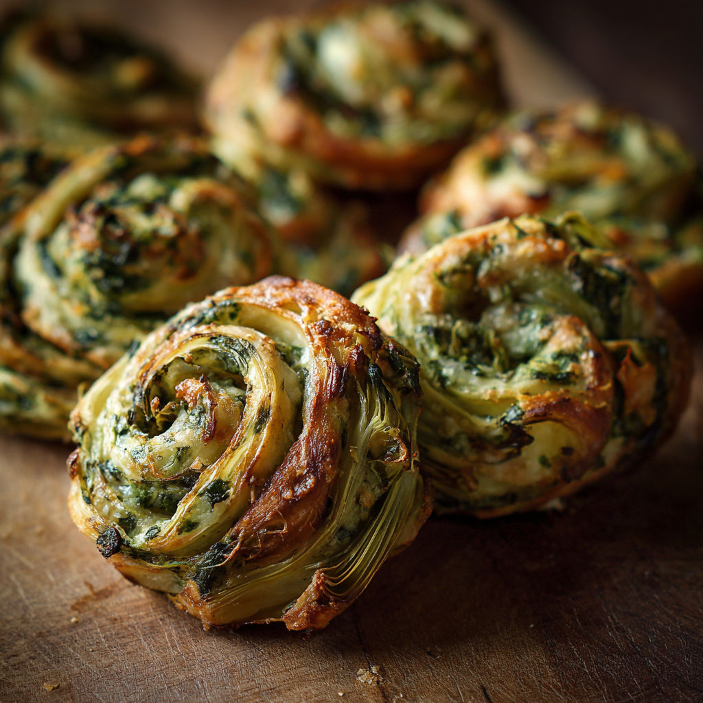 Spinach artichoke swirls on a wooden table.