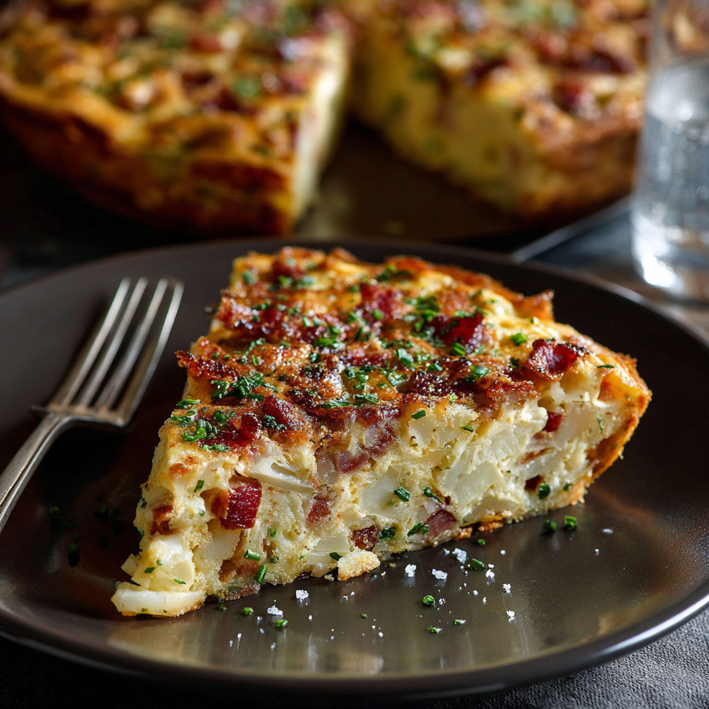 A slice of bacon potato frittata on a plate.
