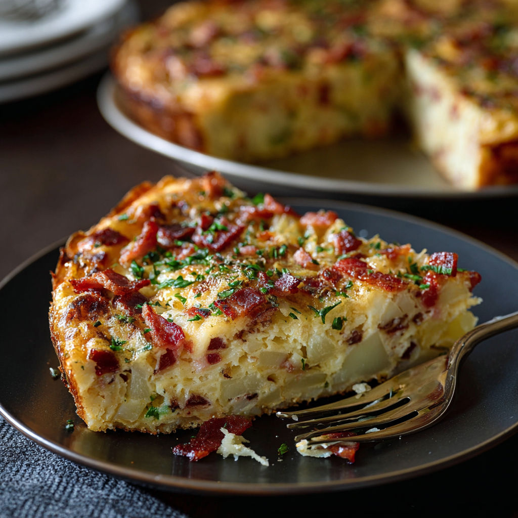 A slice of bacon potato frittata on a plate.
