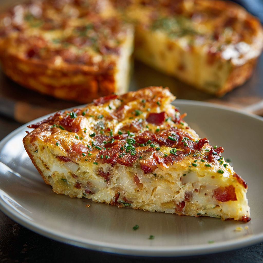 A slice of bacon potato frittata on a plate.