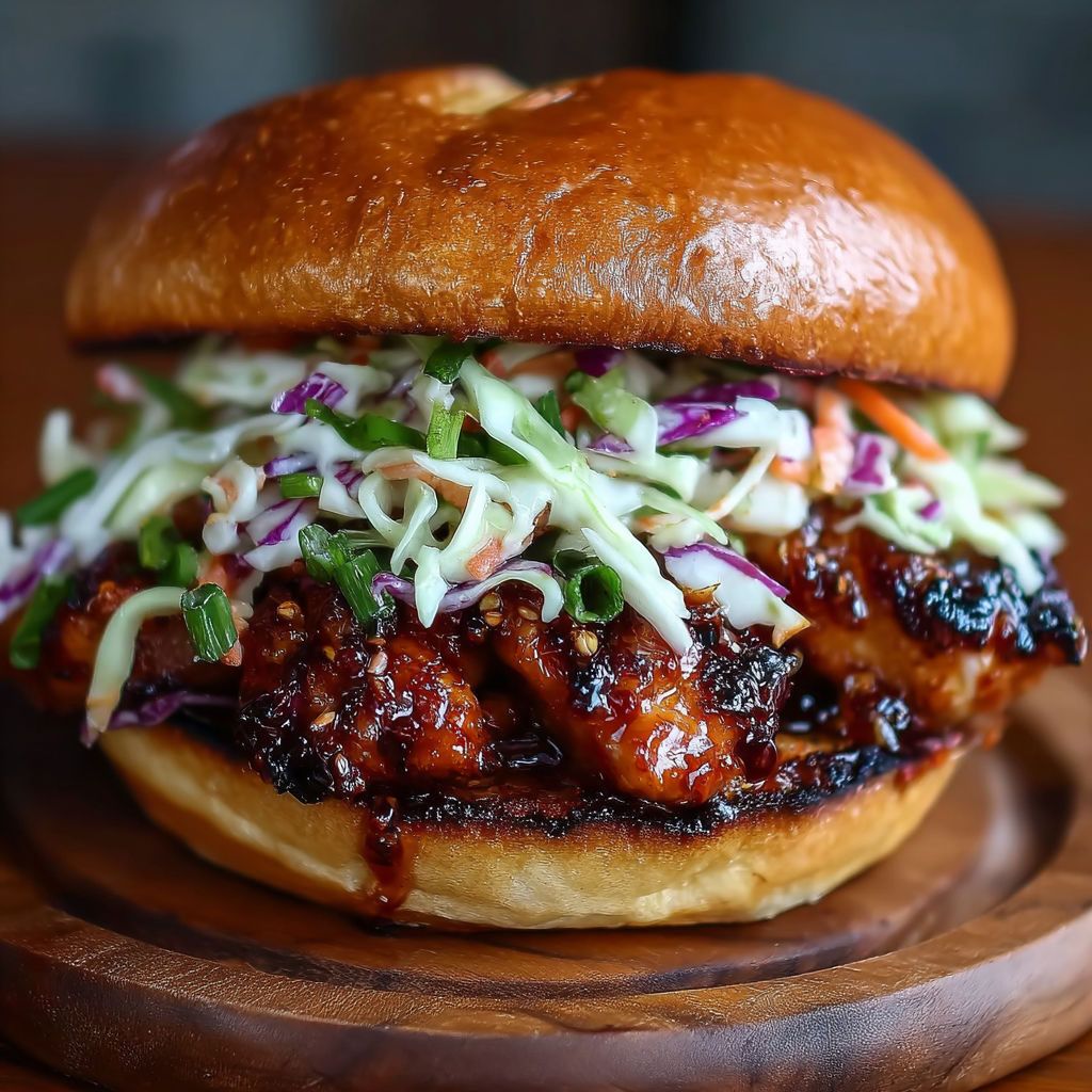A delicious Korean BBQ Chicken Sandwich with Cabbage Slaw.