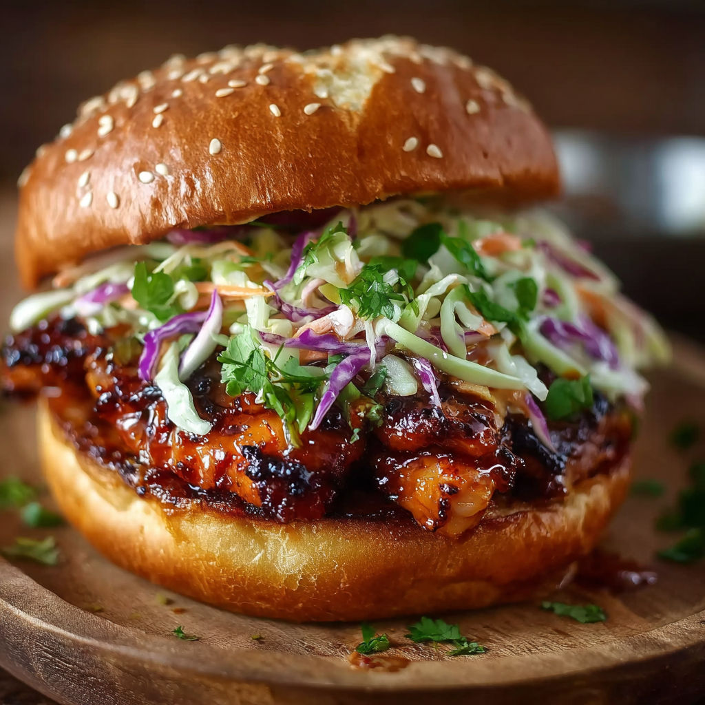 A delicious Korean BBQ Chicken Sandwich with Cabbage Slaw.