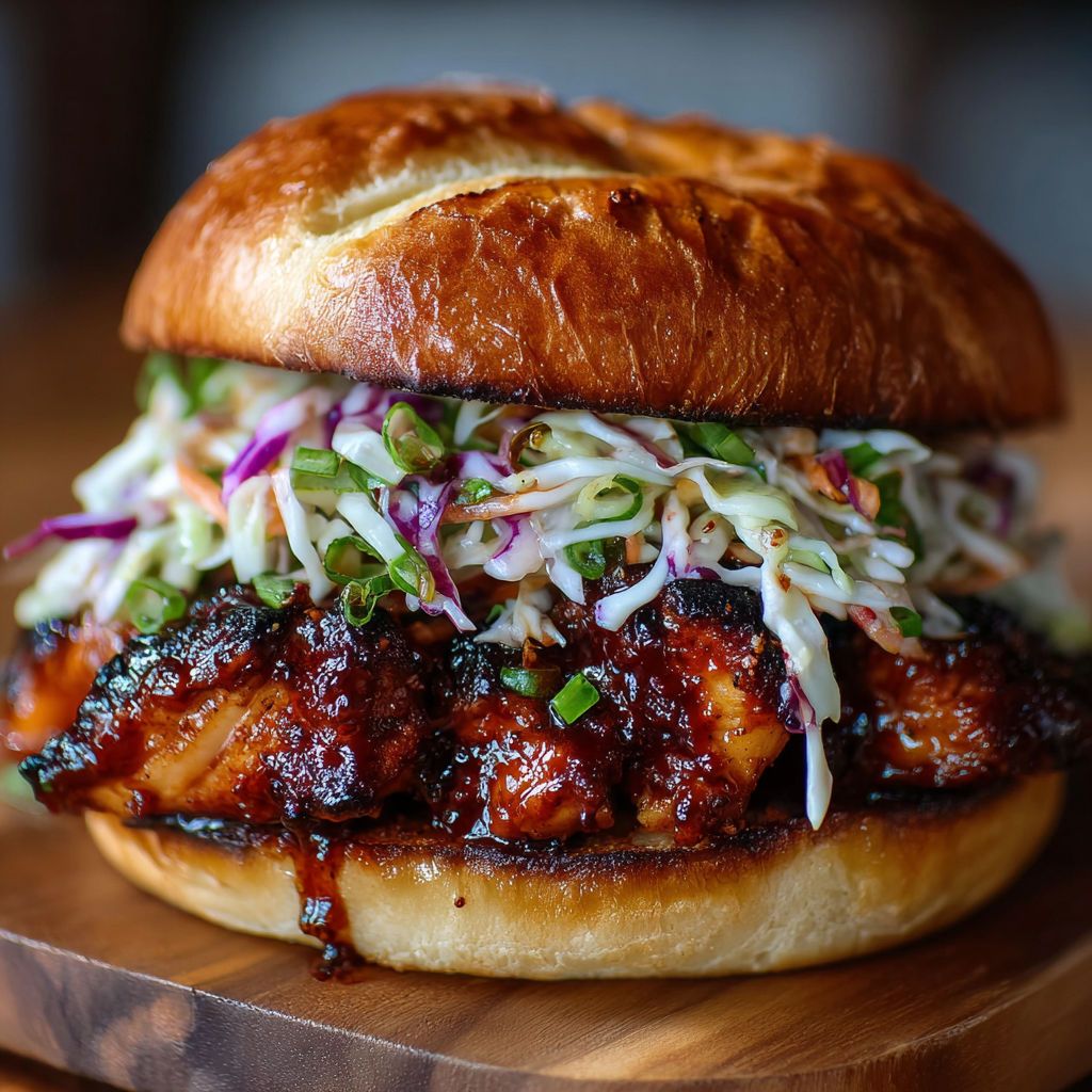 A sandwich with BBQ chicken and slaw on a wooden table.