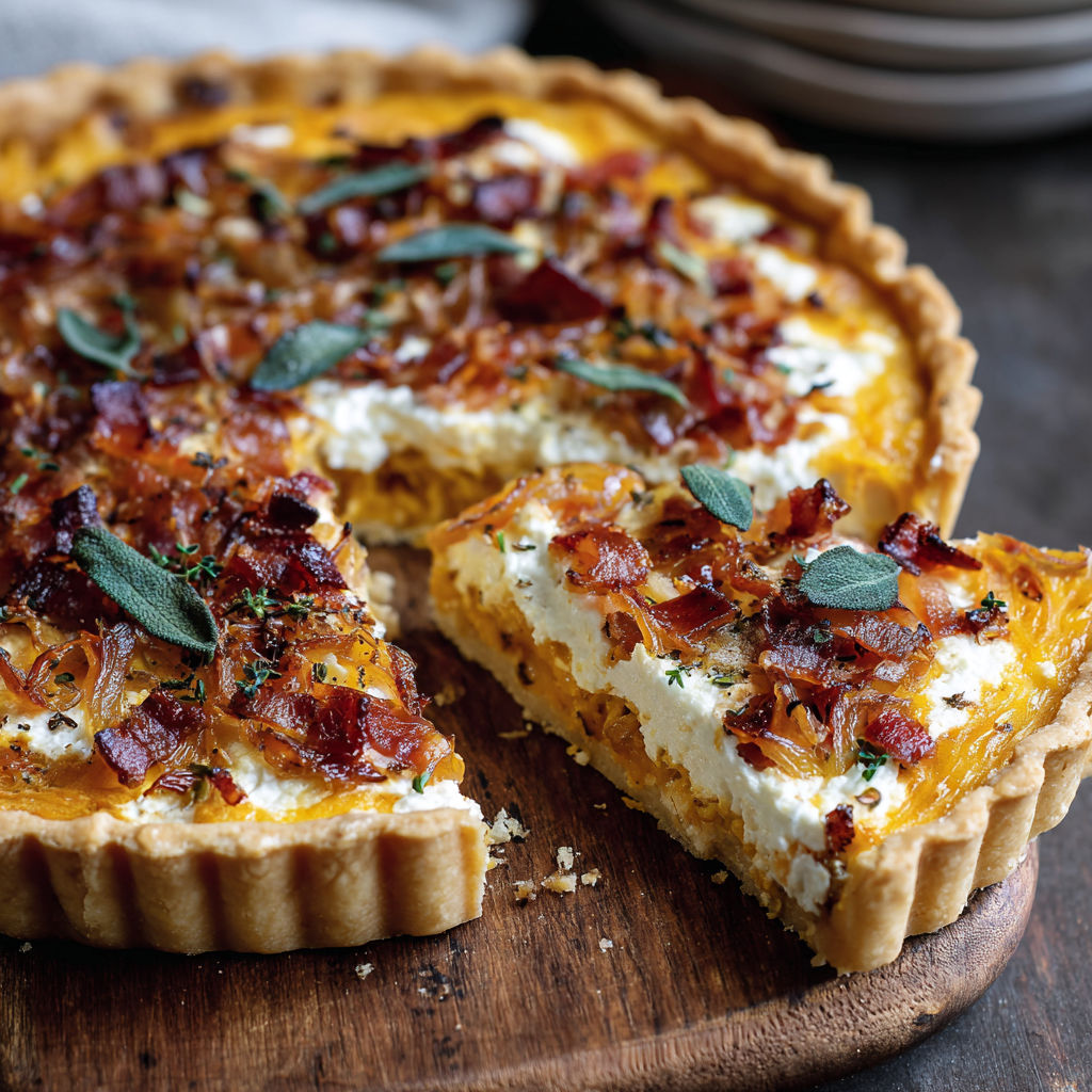 A slice of pumpkin, ricotta and caramelized onion tart with bacon and sage.