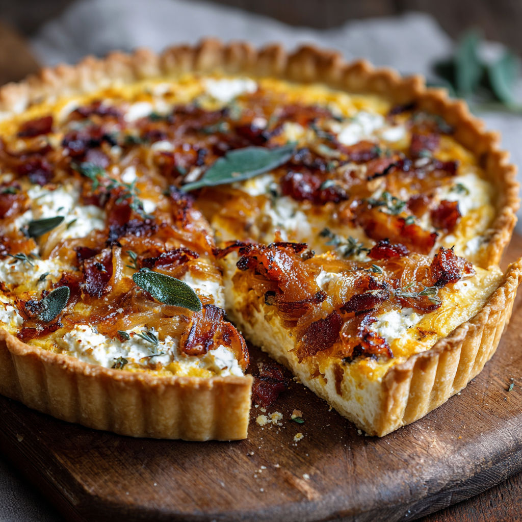 A slice of pumpkin, ricotta and caramelized onion tart with bacon and sage.