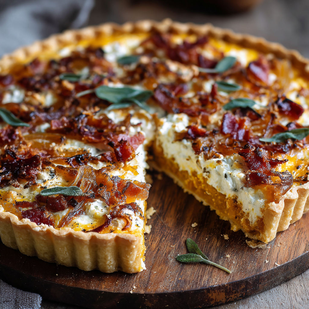 A slice of pumpkin, ricotta and caramelized onion tart with bacon and sage.