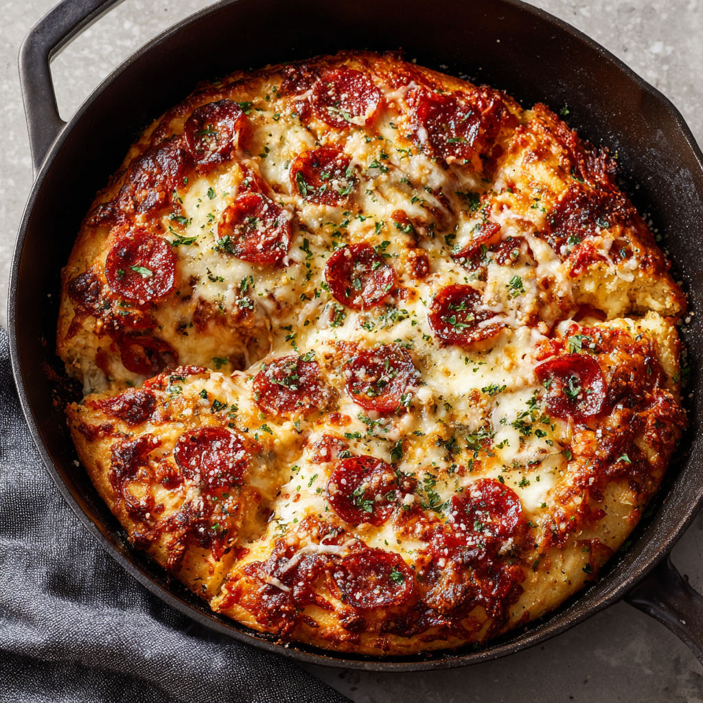 A delicious pizza in a cast iron skillet.