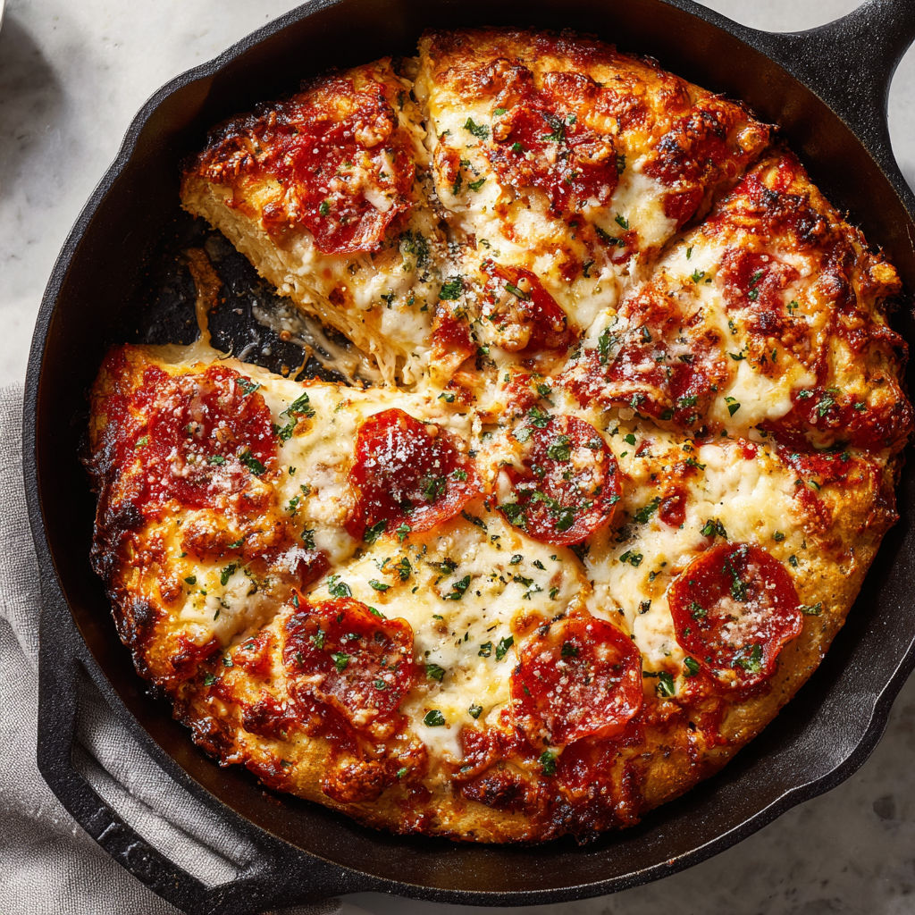 A delicious pizza in a cast iron skillet.