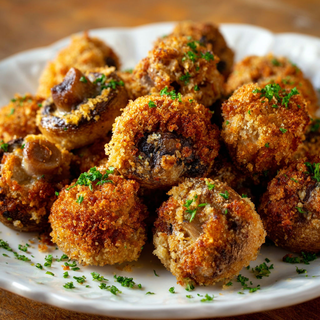 A plate of crispy oven fried garlic mushrooms.