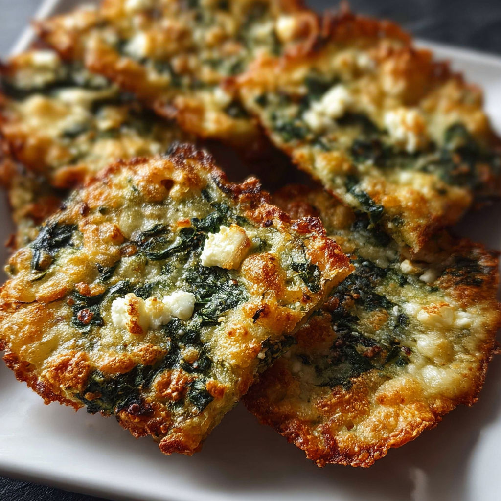 A plate of crisps with spinach and feta cheese.