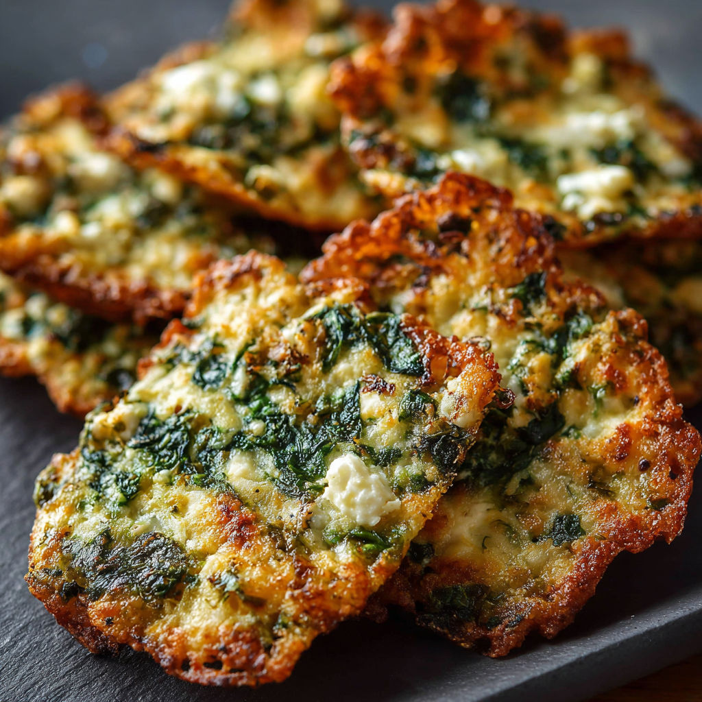 A plate of crisps with spinach and feta cheese.