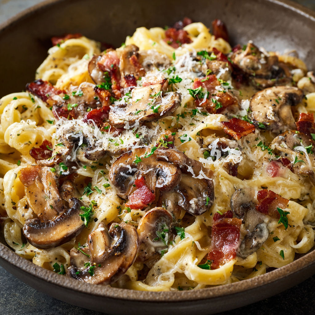 A bowl of creamy bacon and mushroom pasta.