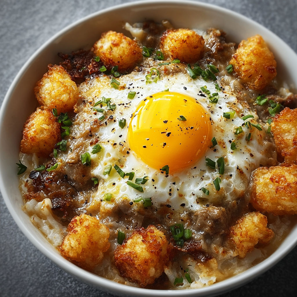 A bowl of tater tots with an egg on top.
