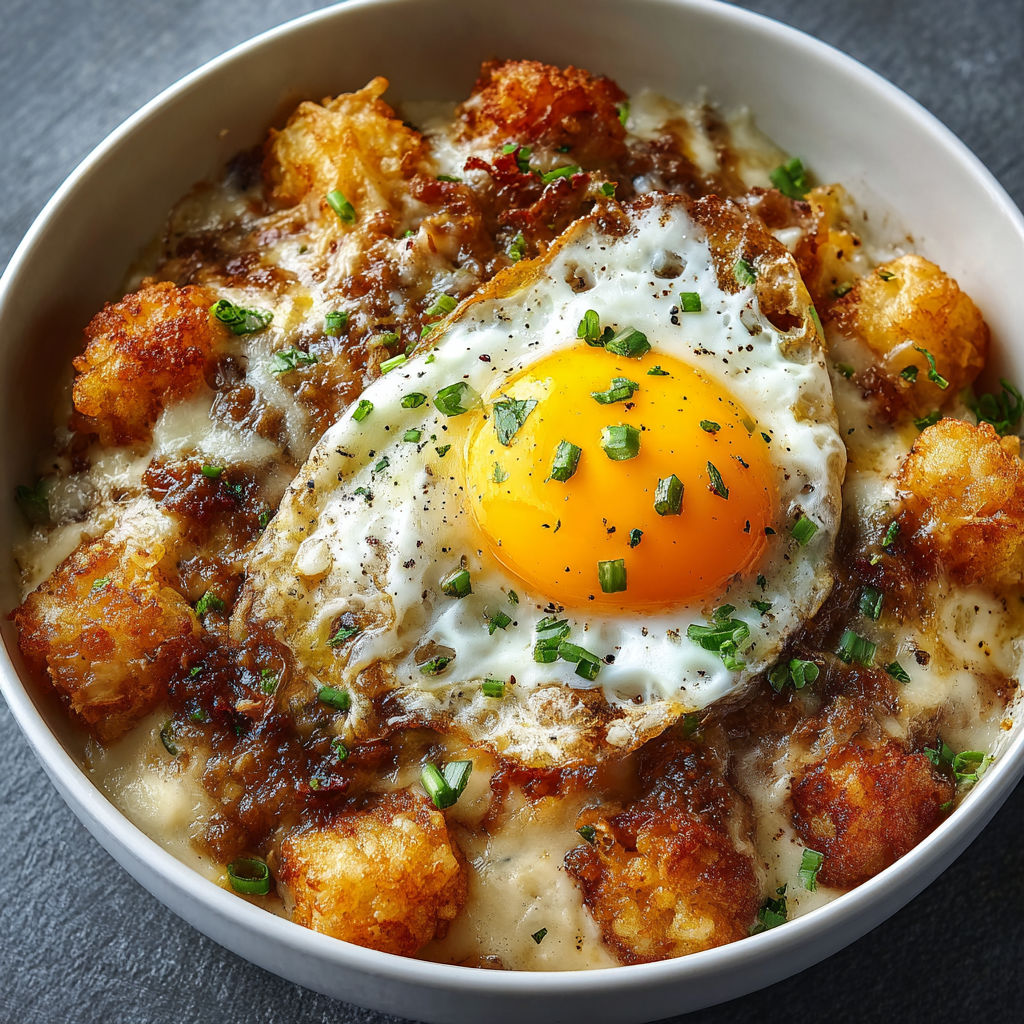 A bowl of food with a fried egg in the center.