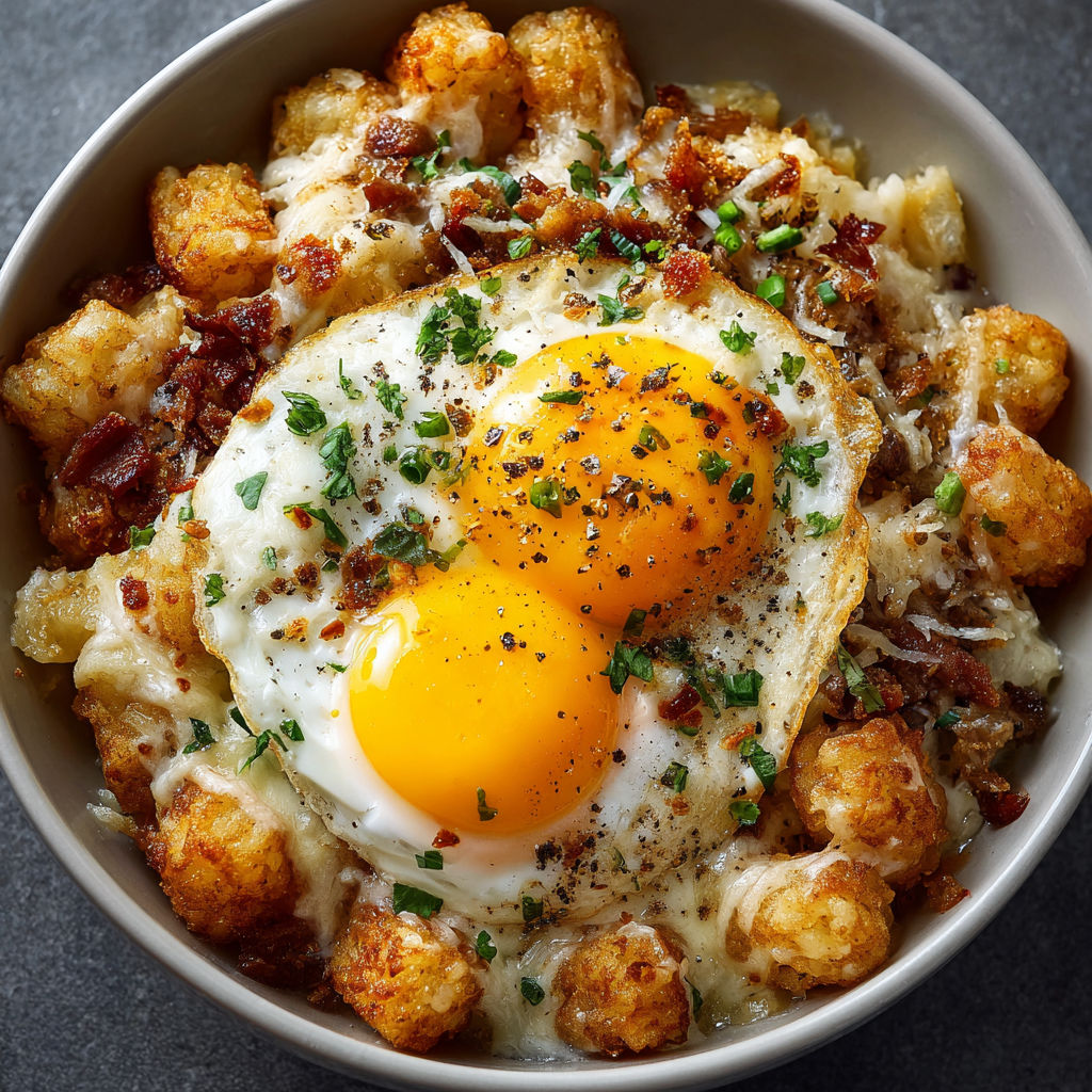 A bowl of food with a fried egg and bacon.