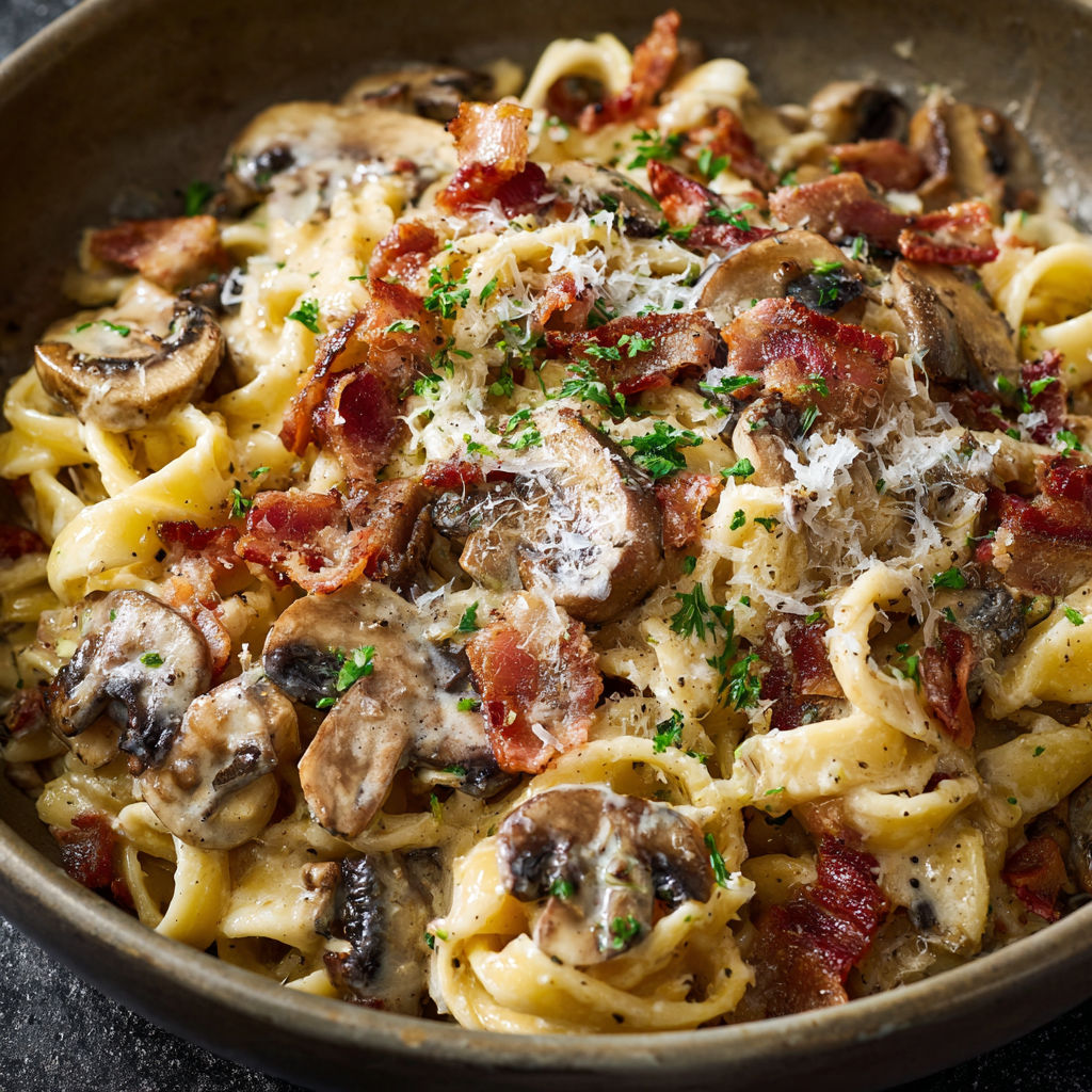 A bowl of pasta with mushrooms and bacon.