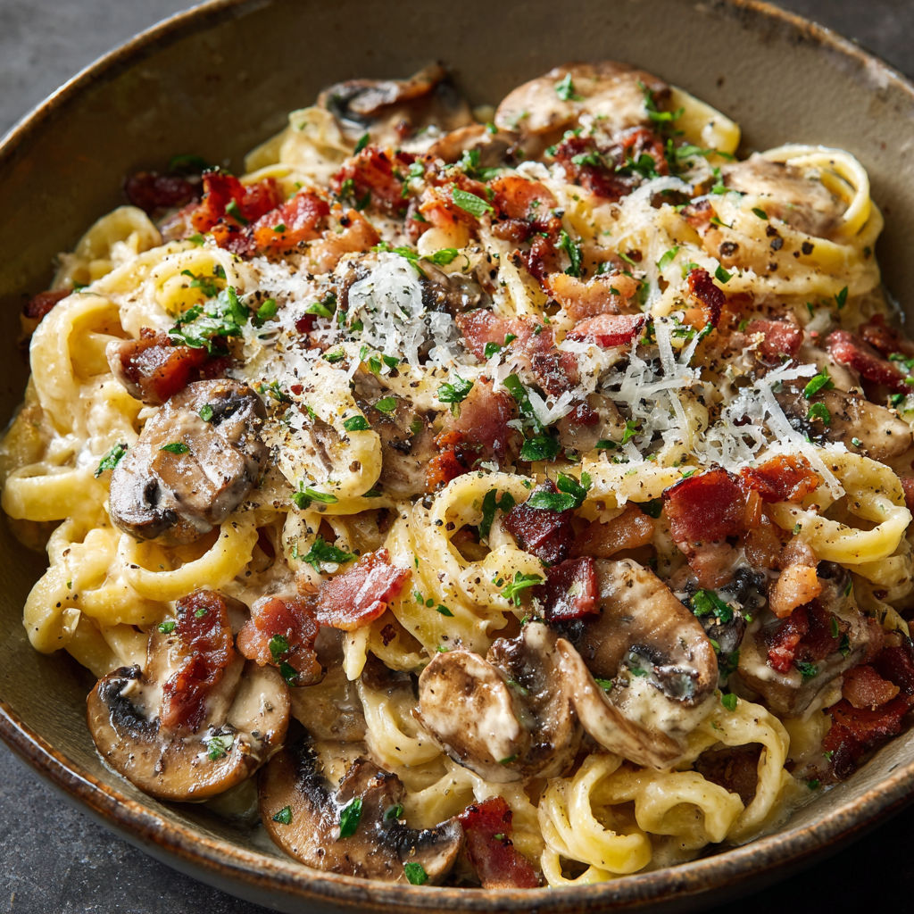 A bowl of pasta with mushrooms and bacon.