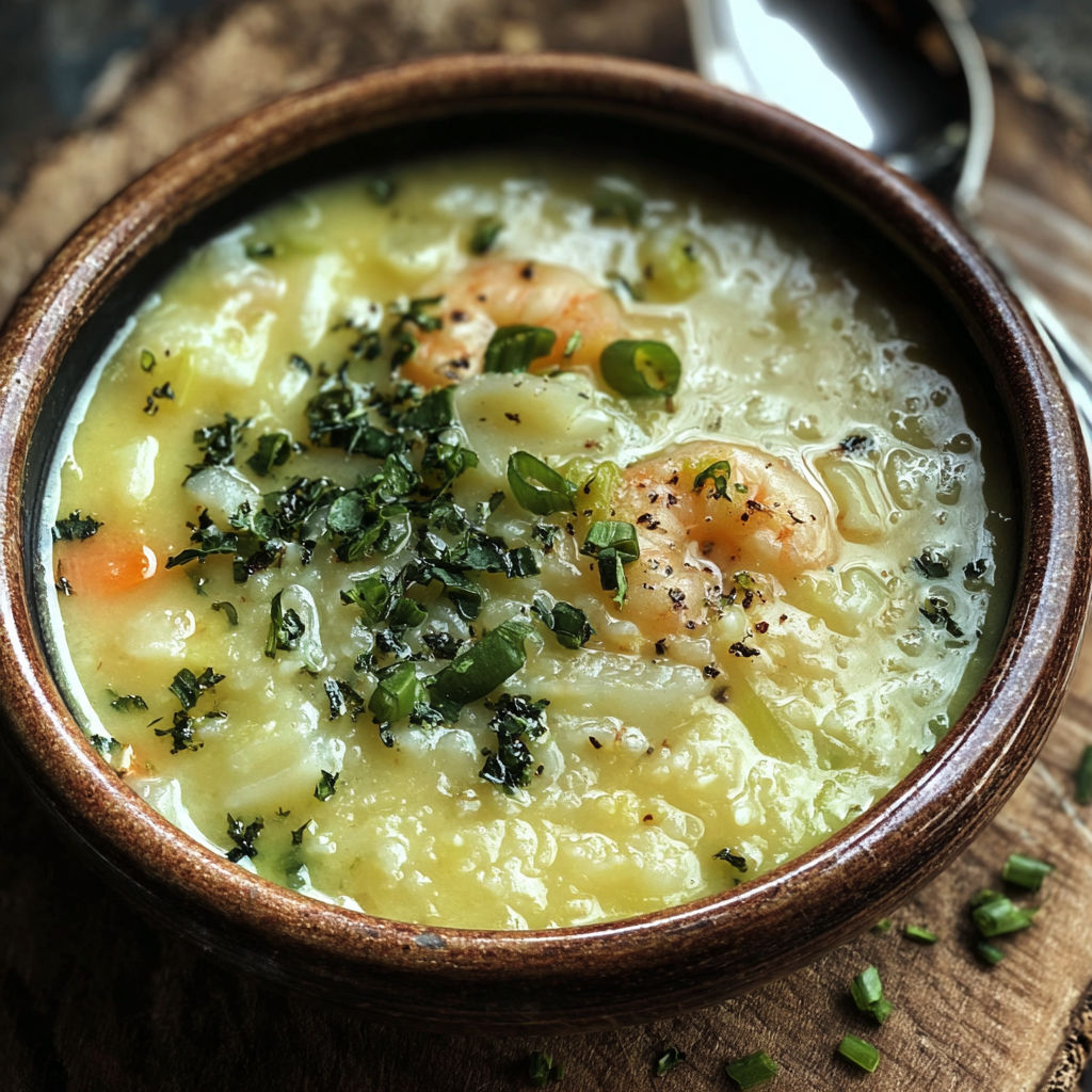 A bowl of colcannon soup with shrimp and herbs.