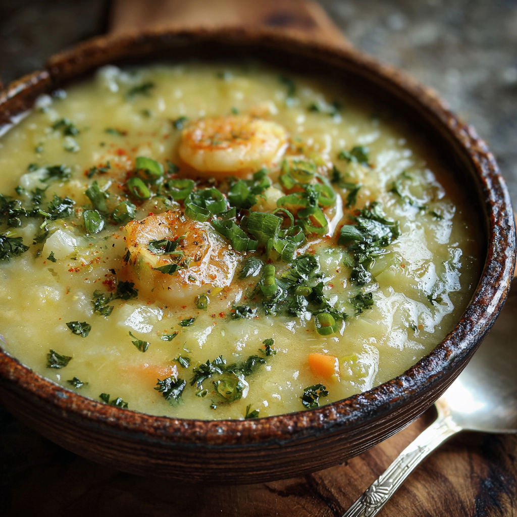 A bowl of soup with shrimp and vegetables.