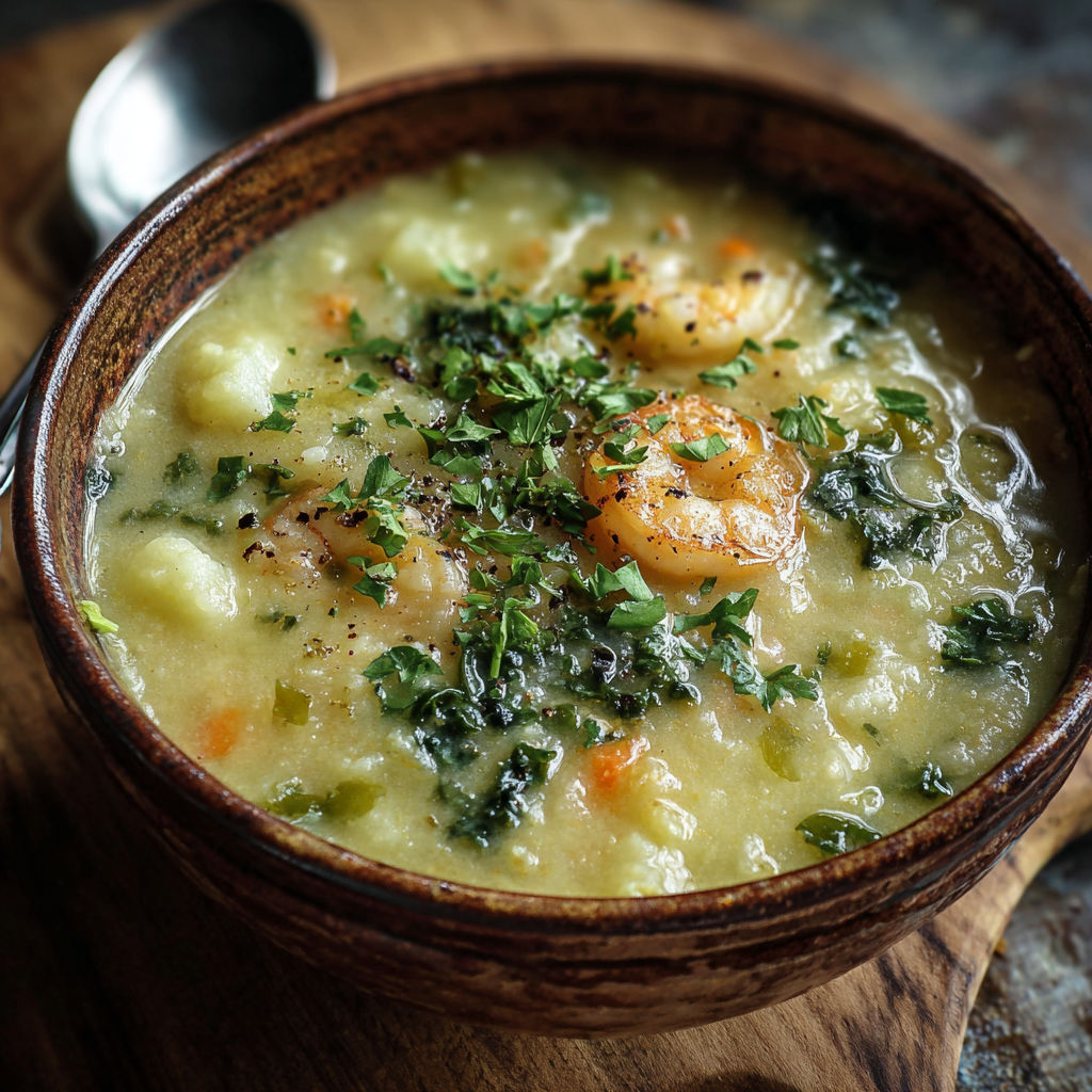 A bowl of soup with shrimp and herbs.