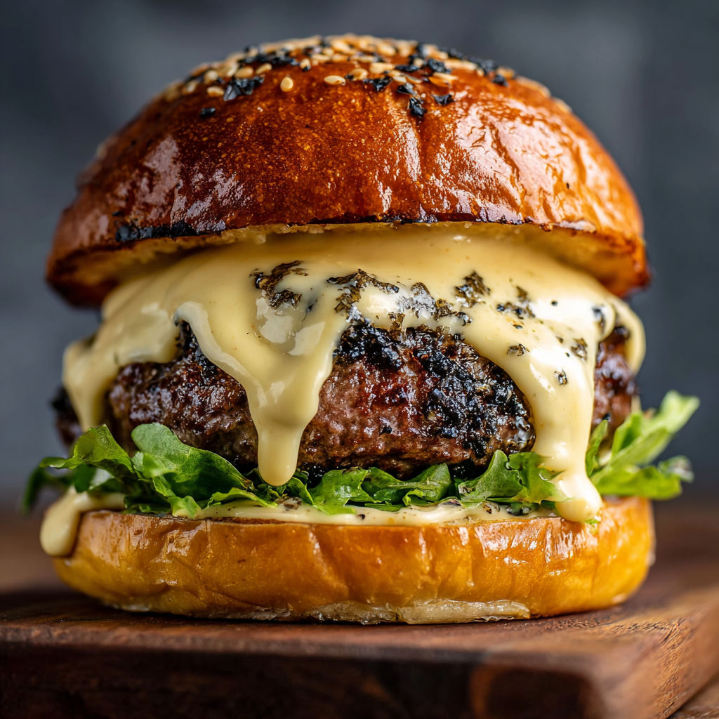 A burger with black garlic truffle gouda and midnight aioli.