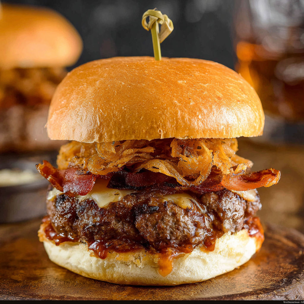 A burger with bacon and onions on top.