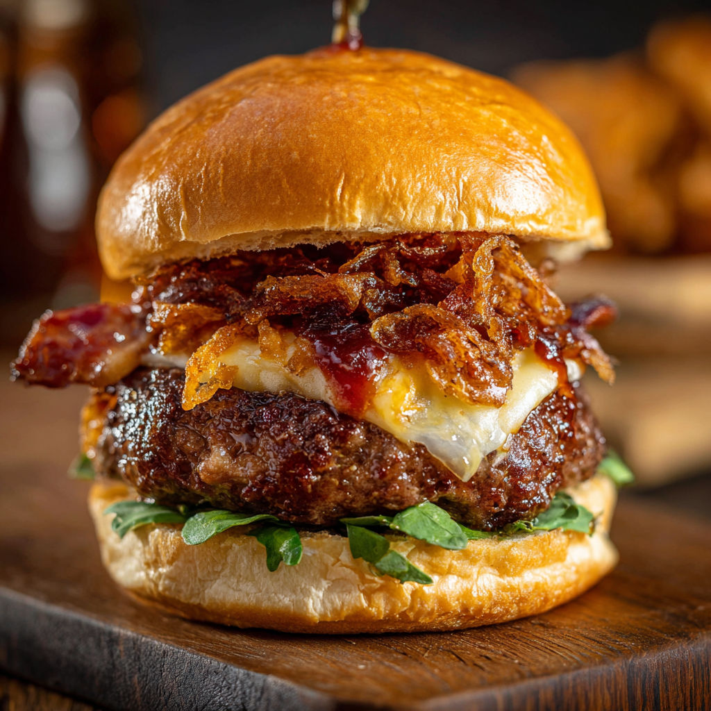 A close up of a bacon cheeseburger on a bun.