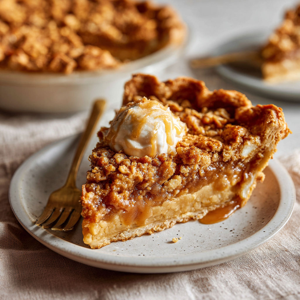 A slice of pie with ice cream on top.