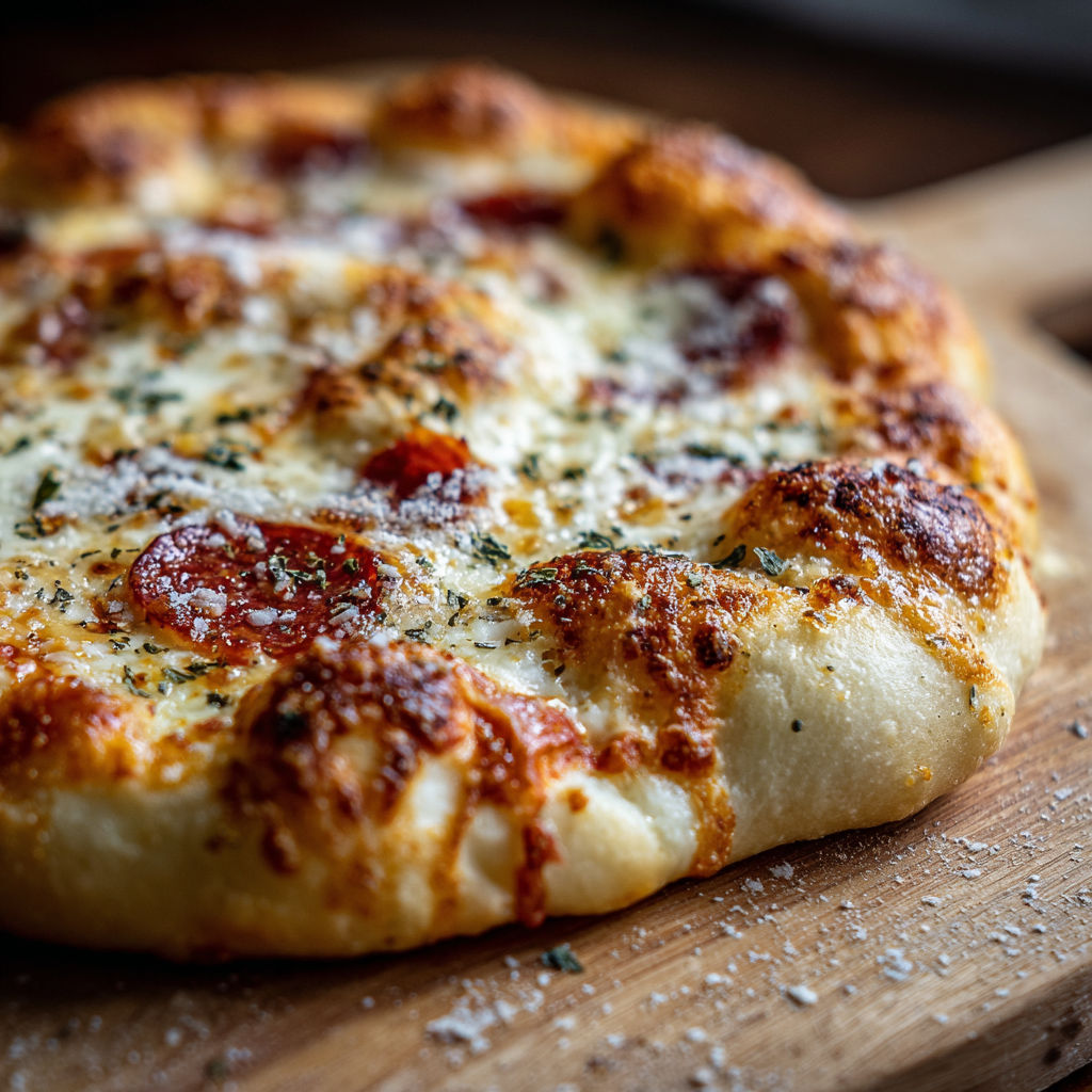 A pizza with pepperoni and cheese on a wooden board.
