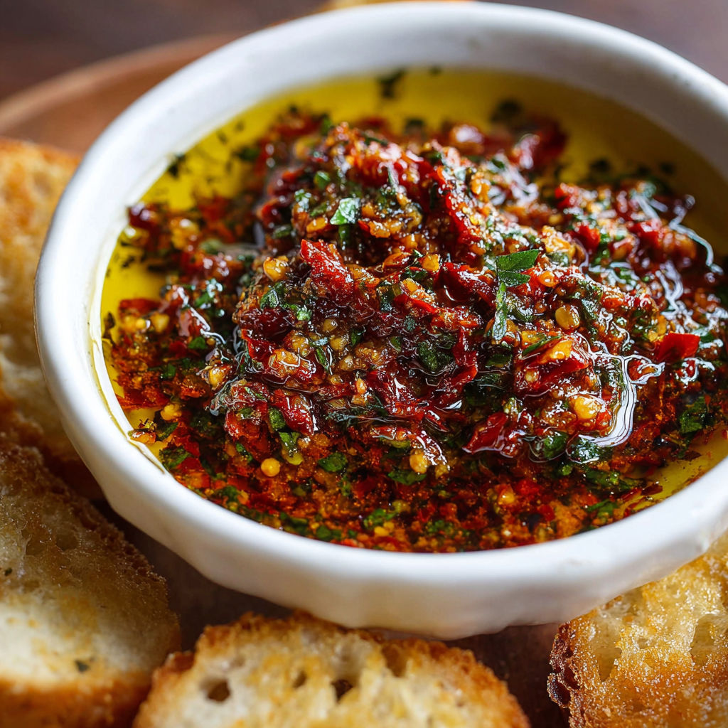 A white bowl filled with a garlic and olive oil dip.