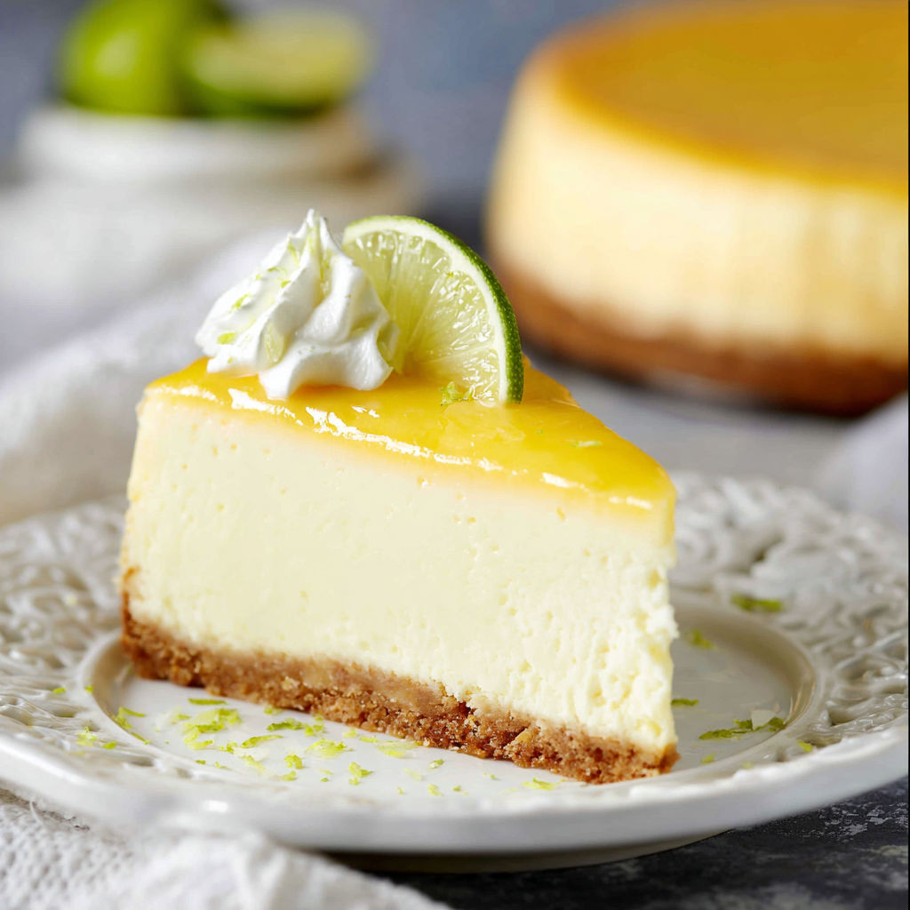 A slice of Mango Key Lime Cheesecake on a plate.