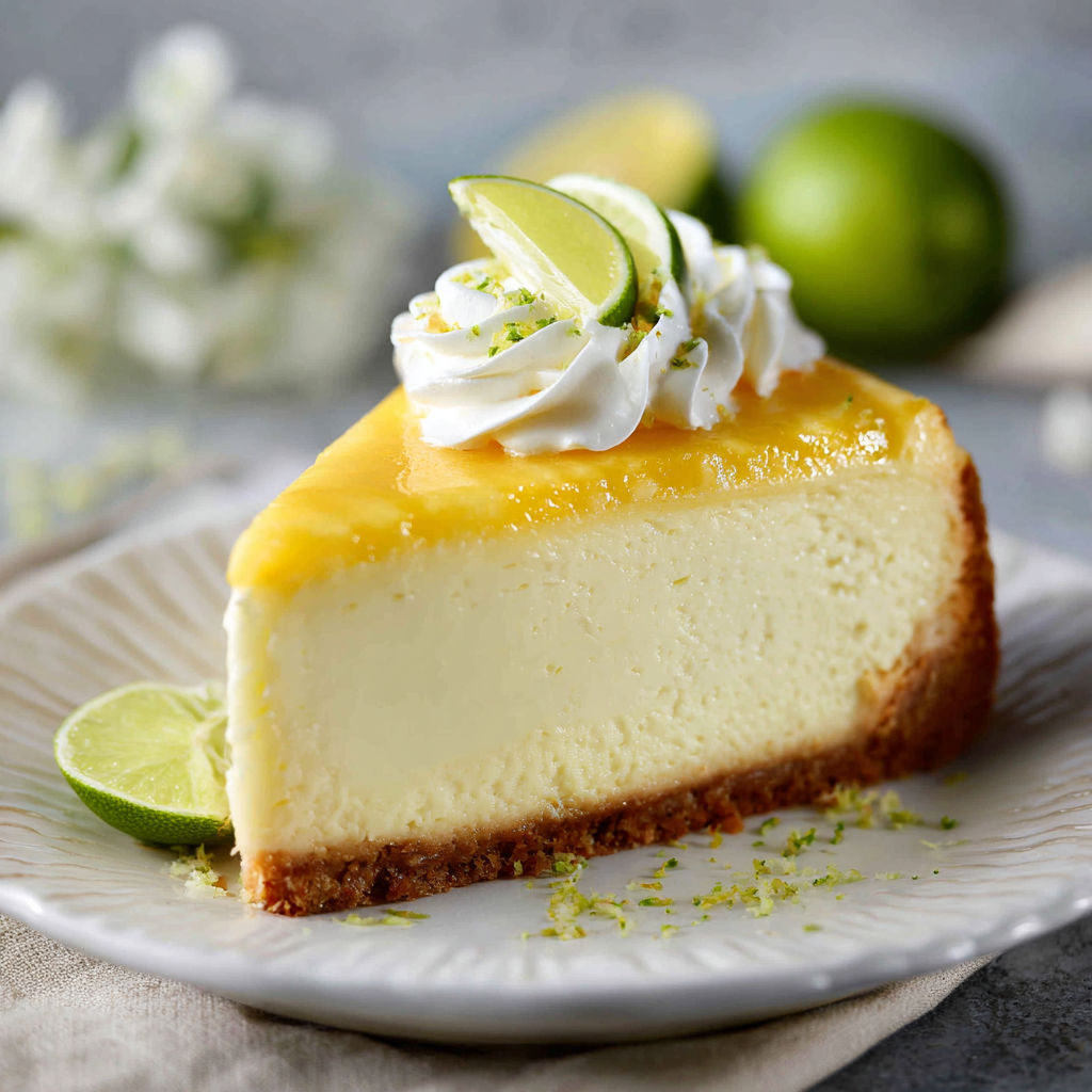 A slice of cheesecake with a lime wedge on top.