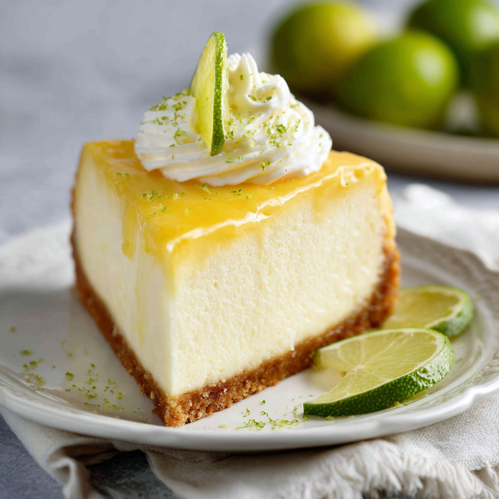 A slice of cheesecake with a lime wedge on top.