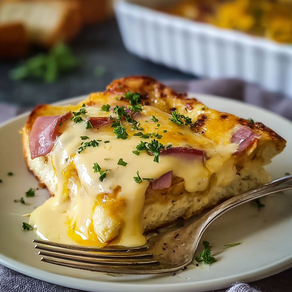 A slice of Overnight Eggs Benedict Casserole.