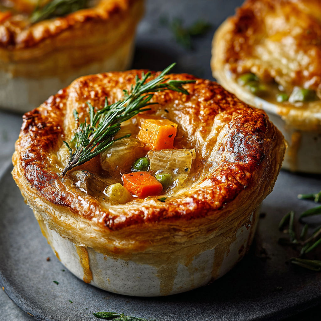 A close up of a pot pie with a sprig of rosemary on top.