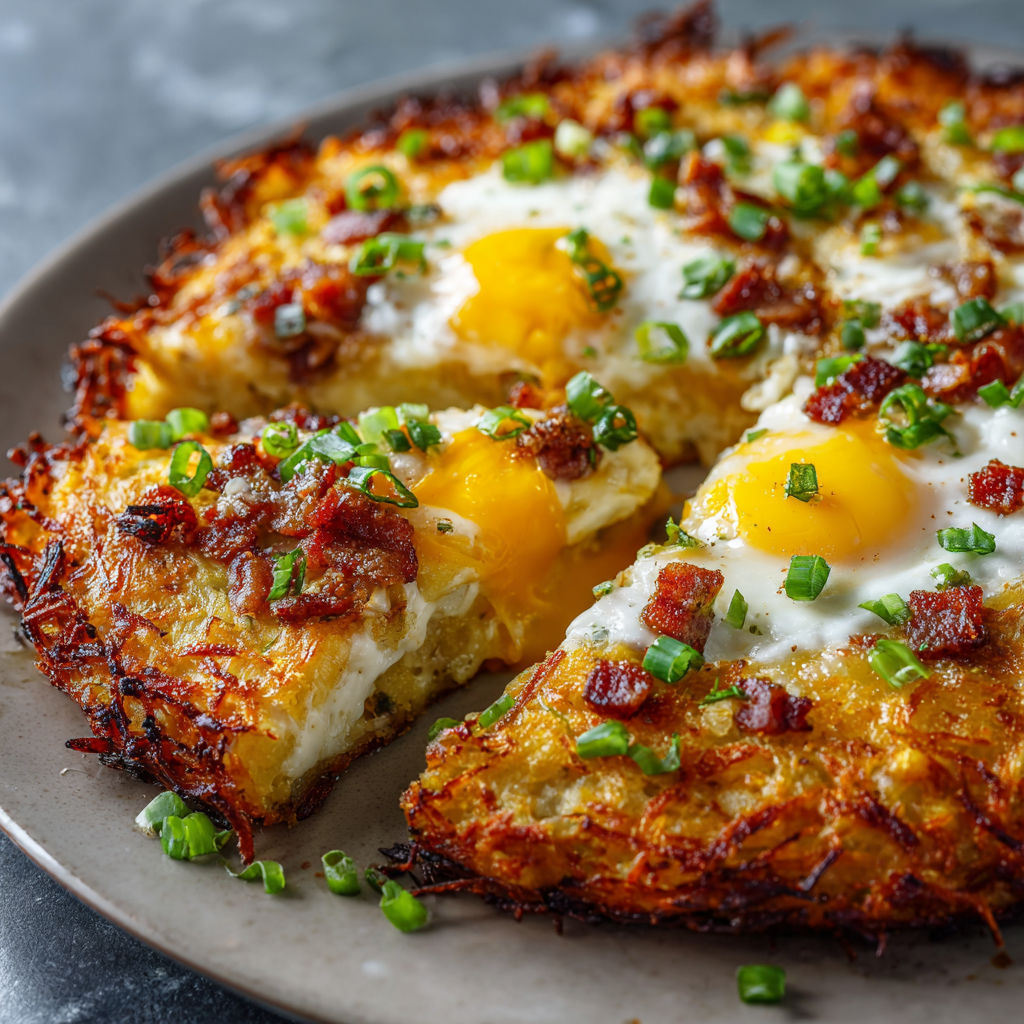 A slice of breakfast pizza with hash brown crust.