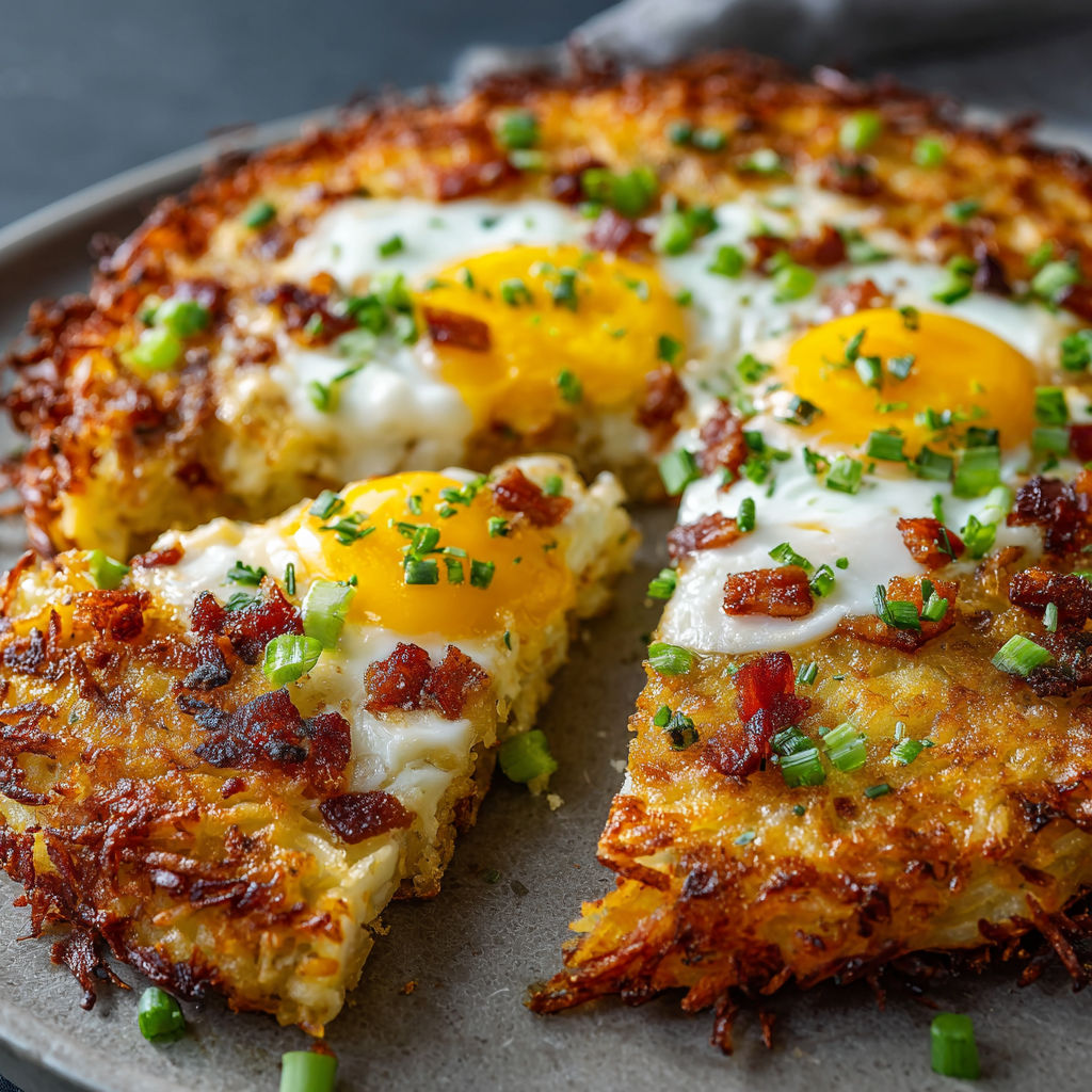 A slice of breakfast pizza with eggs and bacon.