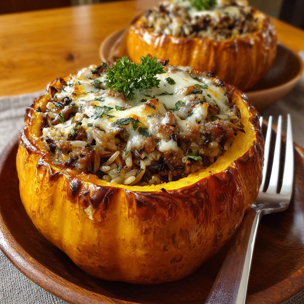 A stuffed pumpkin with rice and sausage.