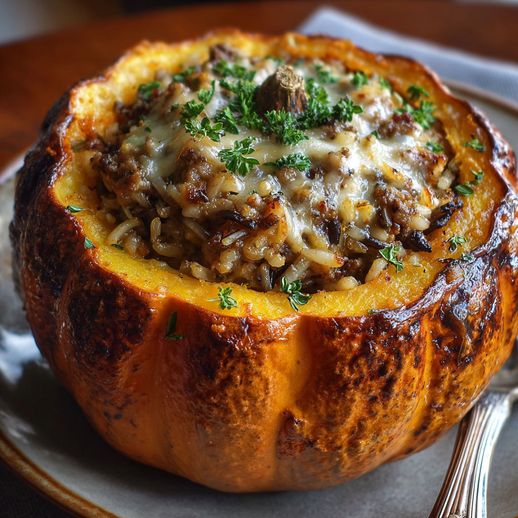 A stuffed pumpkin with rice and sausage.