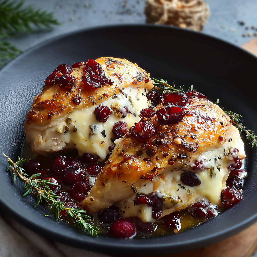 A bowl of food with a chicken breast and a cherry on top.