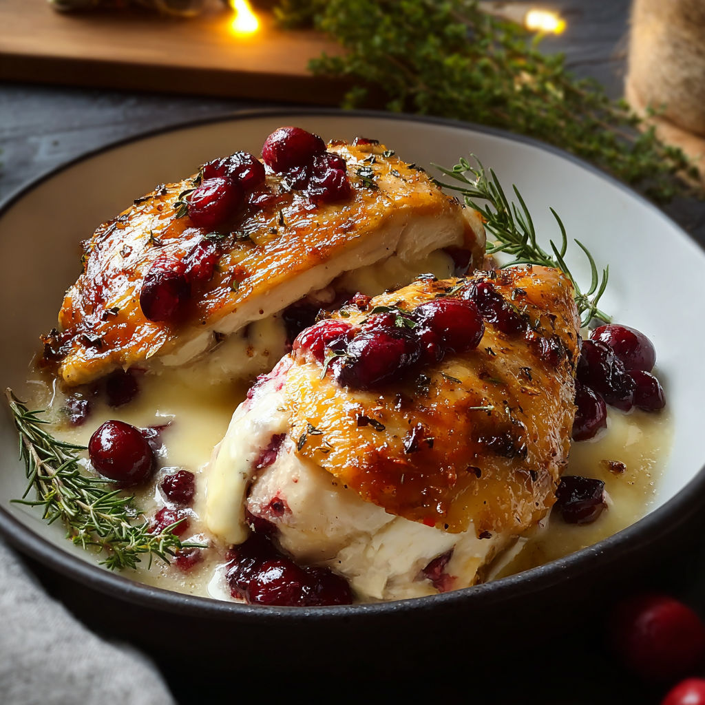 A bowl of food with chicken and cranberries.