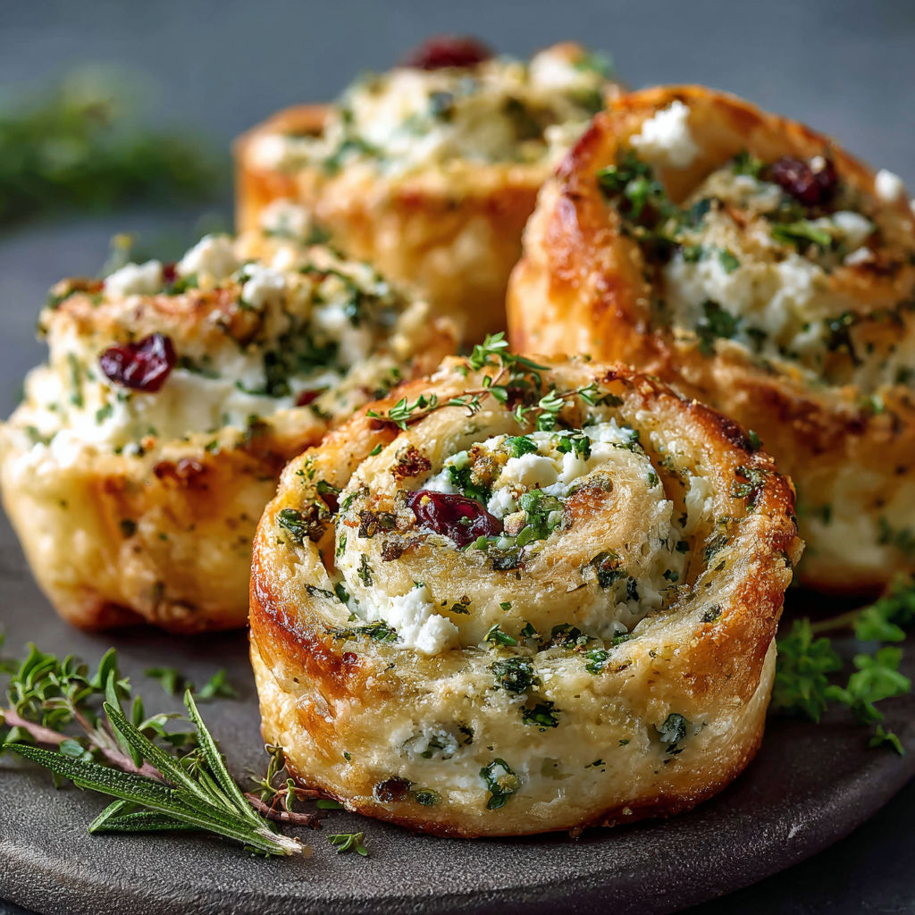 Four rolls of food with cheese and herbs.