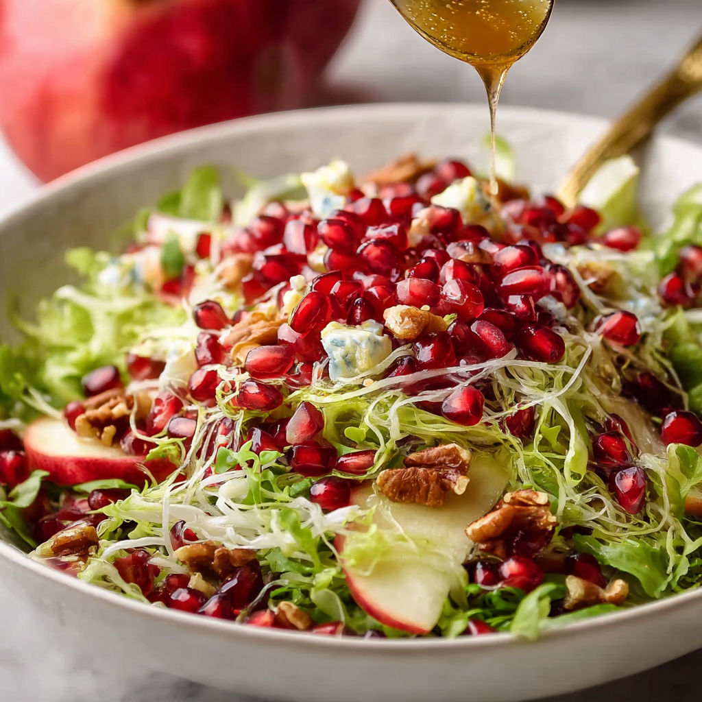 A bowl of salad with red onions, apples, and walnuts.