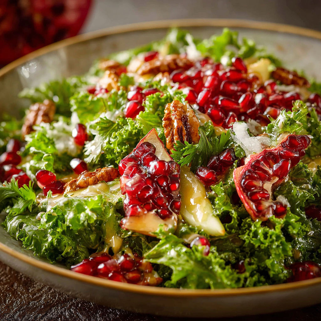 A bowl of salad with pomegranate seeds and walnuts.