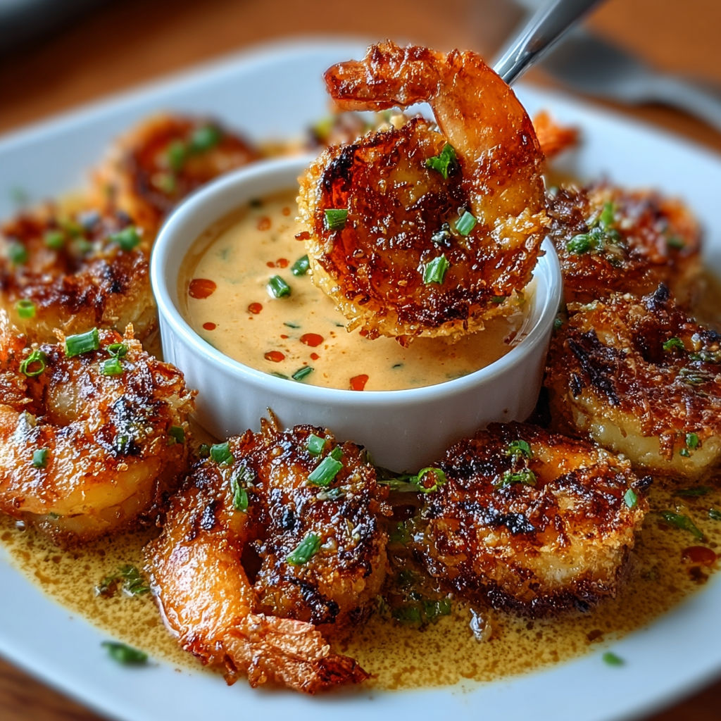 A plate of baked coconut shrimp with sweet chili mayo.