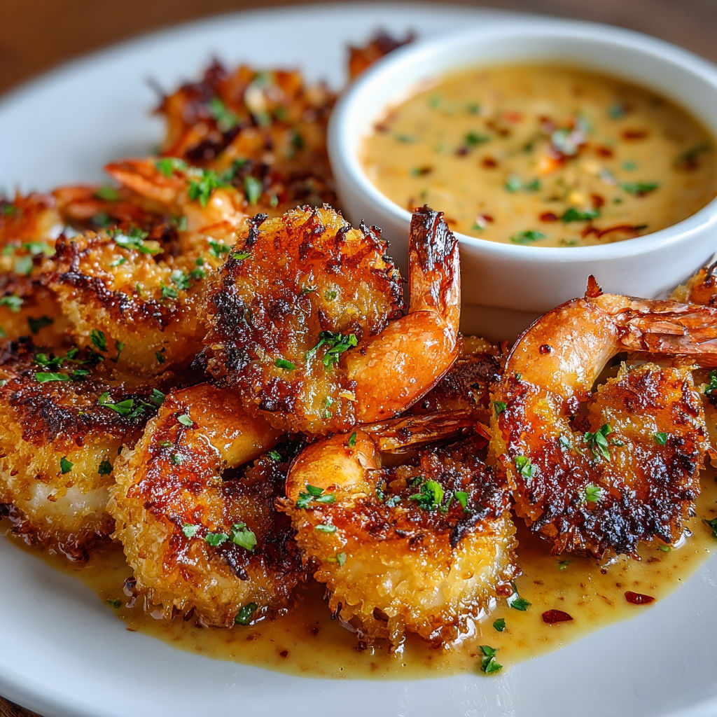 A plate of baked coconut shrimp with sweet chili mayo.